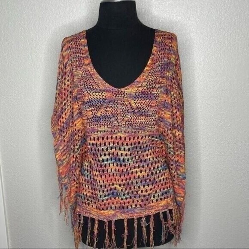 Multicolor V-Neck Poncho w/ Fringe Pink Purple Yellow Cover Up